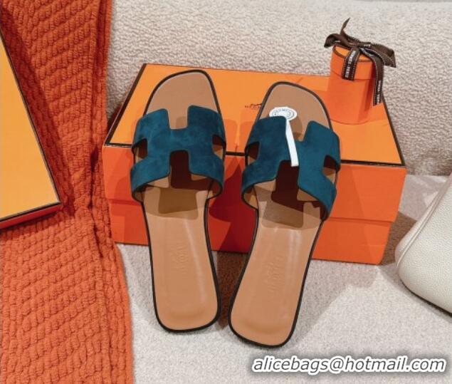 Unique Discount Hermes Classic Oran Flat Slide Sandals in Suede Green 703003