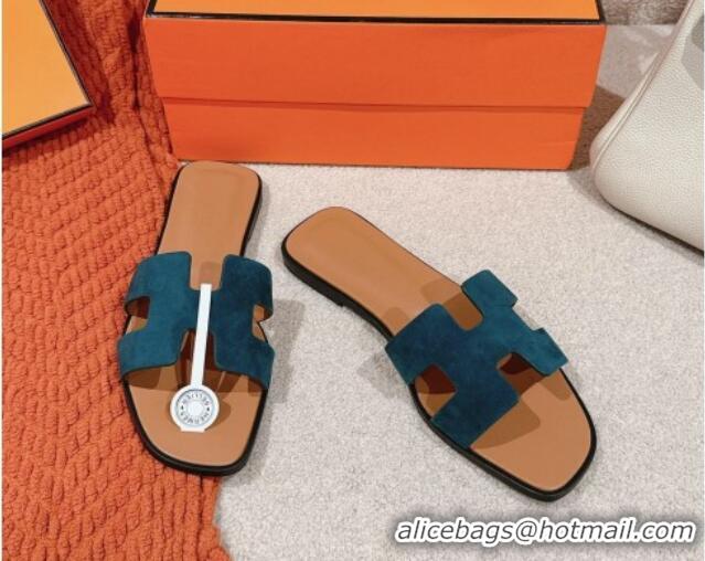 Unique Discount Hermes Classic Oran Flat Slide Sandals in Suede Green 703003