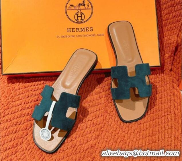 Unique Discount Hermes Classic Oran Flat Slide Sandals in Suede Green 703003