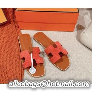 Trendy Design Hermes Classic Oran Flat Slide Sandals in Suede Orange 703004