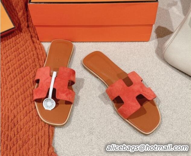 Trendy Design Hermes Classic Oran Flat Slide Sandals in Suede Orange 703004