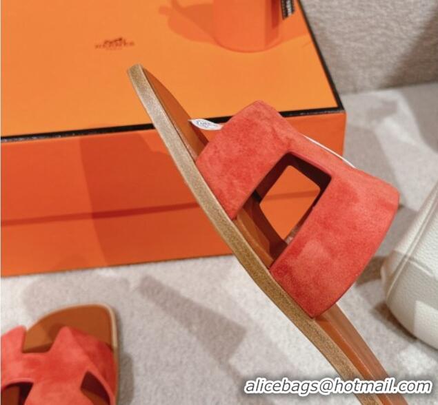 Trendy Design Hermes Classic Oran Flat Slide Sandals in Suede Orange 703004