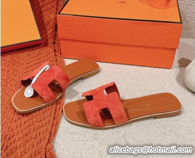 Trendy Design Hermes Classic Oran Flat Slide Sandals in Suede Orange 703004