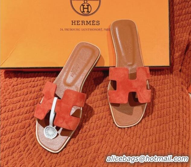 Trendy Design Hermes Classic Oran Flat Slide Sandals in Suede Orange 703004