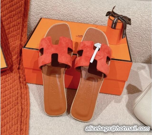 Trendy Design Hermes Classic Oran Flat Slide Sandals in Suede Orange 703004