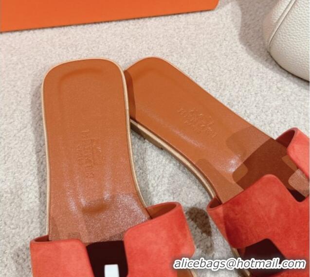 Trendy Design Hermes Classic Oran Flat Slide Sandals in Suede Orange 703004