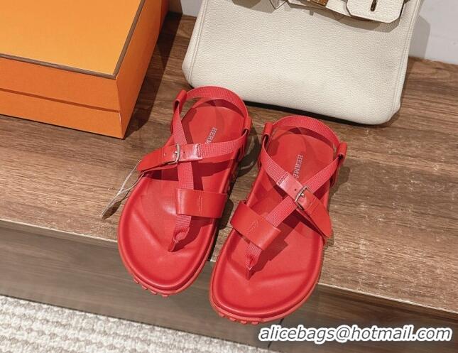 Sophisticated Hermes Inboard Flat Sandals with Buckle in Nappa Leather Red 703005