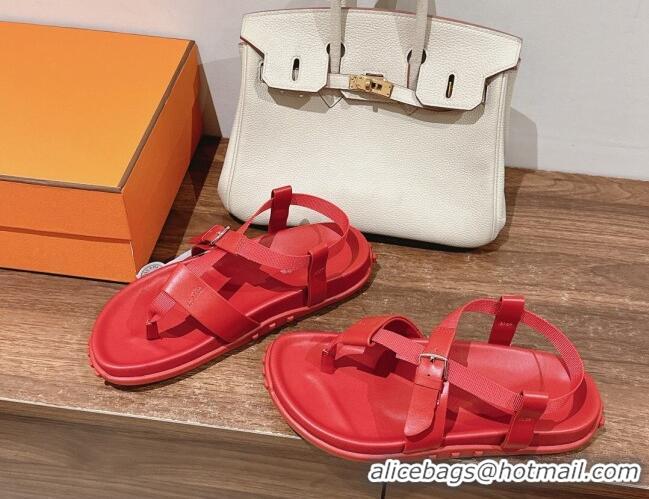 Sophisticated Hermes Inboard Flat Sandals with Buckle in Nappa Leather Red 703005