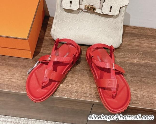 Sophisticated Hermes Inboard Flat Sandals with Buckle in Nappa Leather Red 703005