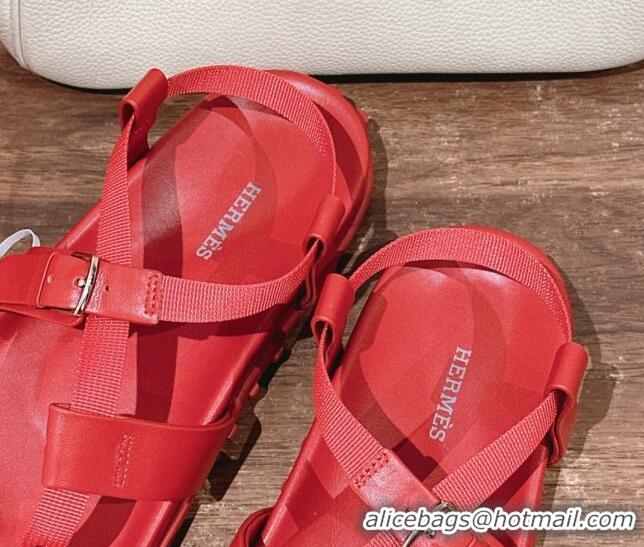 Sophisticated Hermes Inboard Flat Sandals with Buckle in Nappa Leather Red 703005