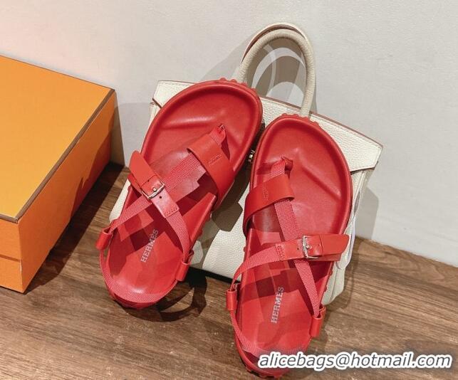 Sophisticated Hermes Inboard Flat Sandals with Buckle in Nappa Leather Red 703005