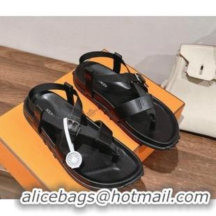 Stylish Hermes Inboard Flat Sandals with Buckle in Nappa Leather Black 703006