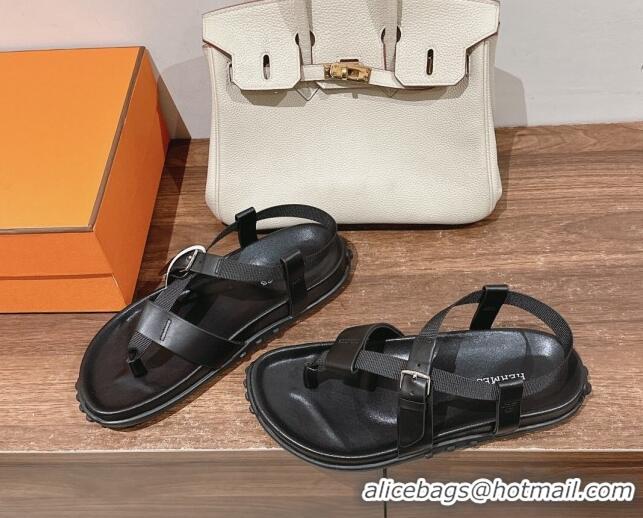 Stylish Hermes Inboard Flat Sandals with Buckle in Nappa Leather Black 703006