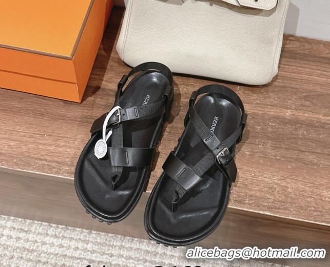 Stylish Hermes Inboard Flat Sandals with Buckle in Nappa Leather Black 703006