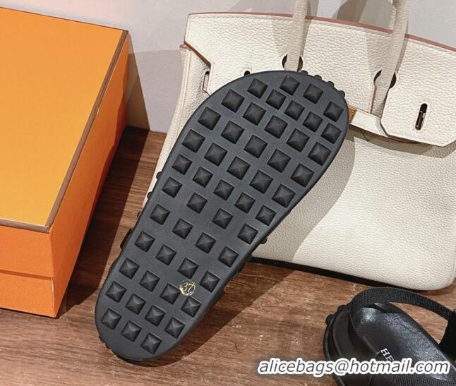 Stylish Hermes Inboard Flat Sandals with Buckle in Nappa Leather Black 703006