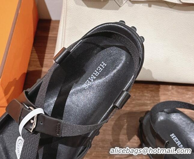 Stylish Hermes Inboard Flat Sandals with Buckle in Nappa Leather Black 703006