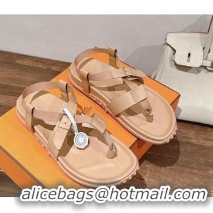 Best Grade Hermes Inboard Flat Sandals with Buckle in Nappa Leather Nude 703007