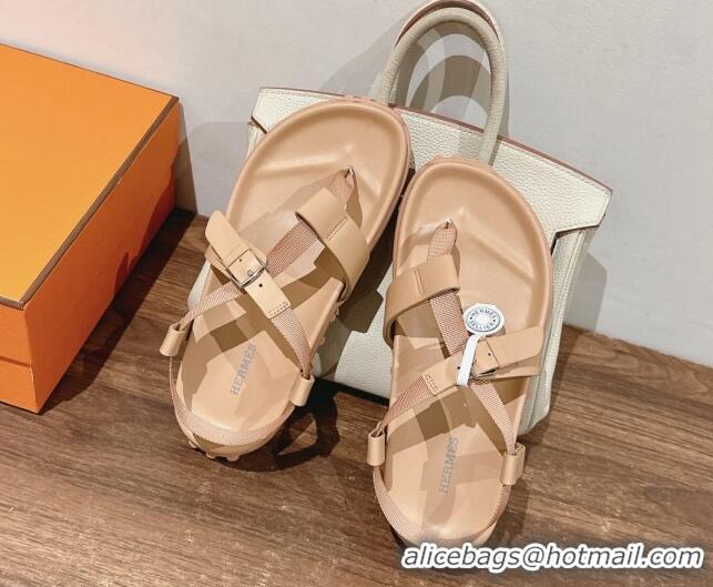 Best Grade Hermes Inboard Flat Sandals with Buckle in Nappa Leather Nude 703007