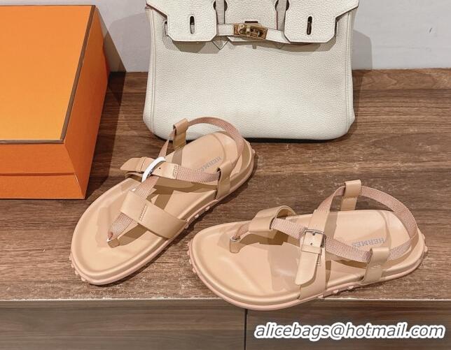 Best Grade Hermes Inboard Flat Sandals with Buckle in Nappa Leather Nude 703007