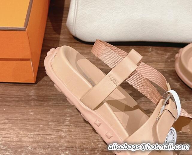 Best Grade Hermes Inboard Flat Sandals with Buckle in Nappa Leather Nude 703007