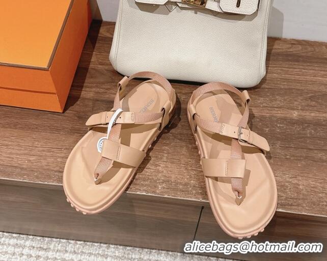 Best Grade Hermes Inboard Flat Sandals with Buckle in Nappa Leather Nude 703007