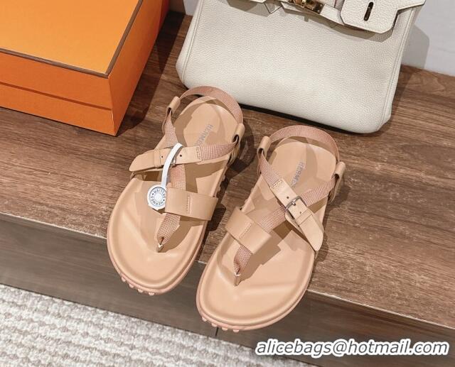 Best Grade Hermes Inboard Flat Sandals with Buckle in Nappa Leather Nude 703007