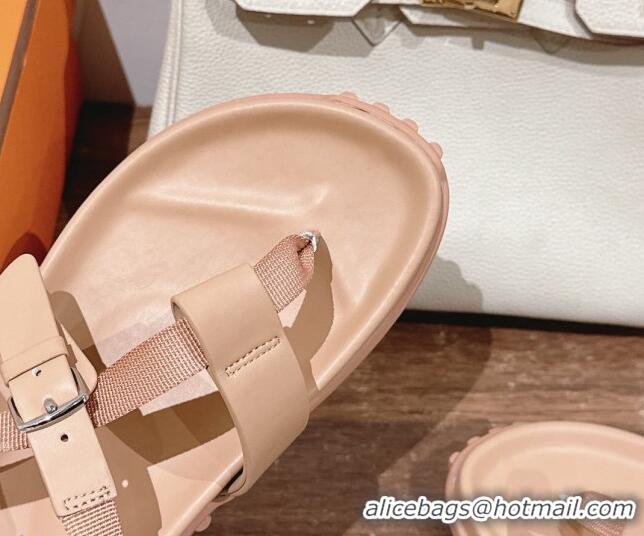 Best Grade Hermes Inboard Flat Sandals with Buckle in Nappa Leather Nude 703007