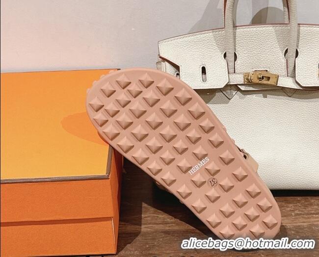 Best Grade Hermes Inboard Flat Sandals with Buckle in Nappa Leather Nude 703007