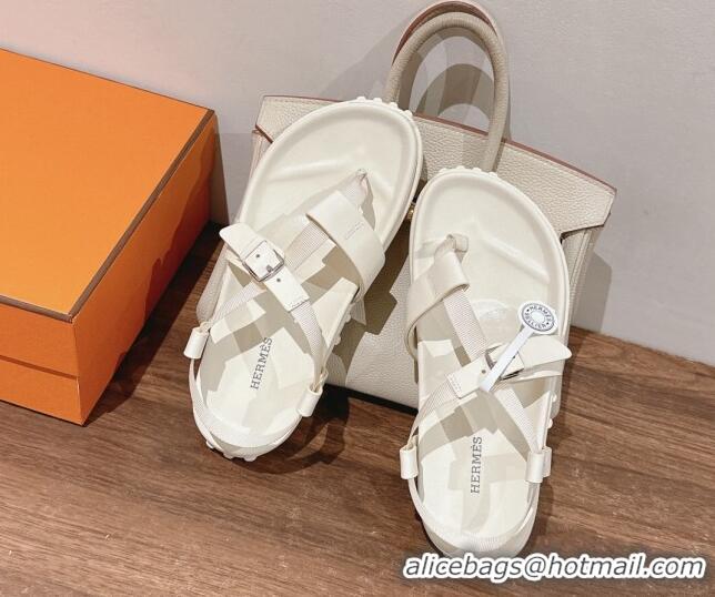 Shop Duplicate Hermes Inboard Flat Sandals with Buckle in Nappa Leather White 703008