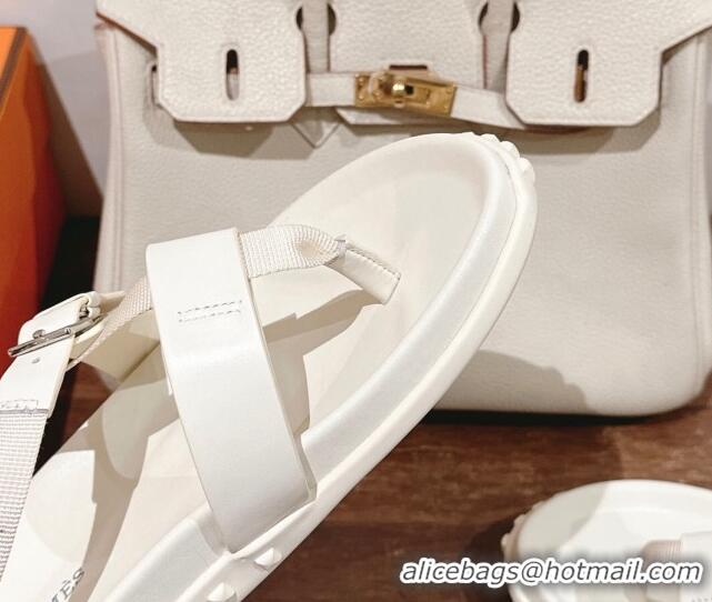 Shop Duplicate Hermes Inboard Flat Sandals with Buckle in Nappa Leather White 703008