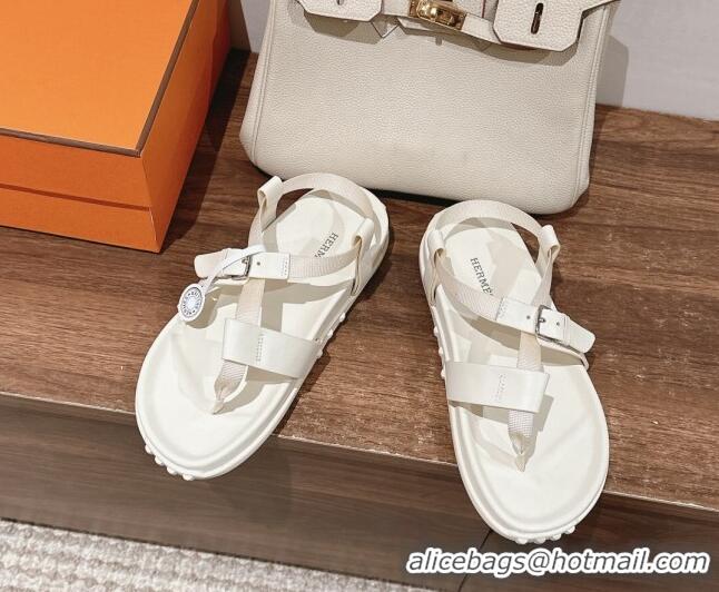 Shop Duplicate Hermes Inboard Flat Sandals with Buckle in Nappa Leather White 703008