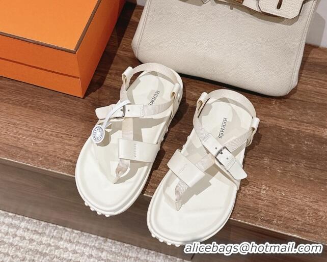 Shop Duplicate Hermes Inboard Flat Sandals with Buckle in Nappa Leather White 703008