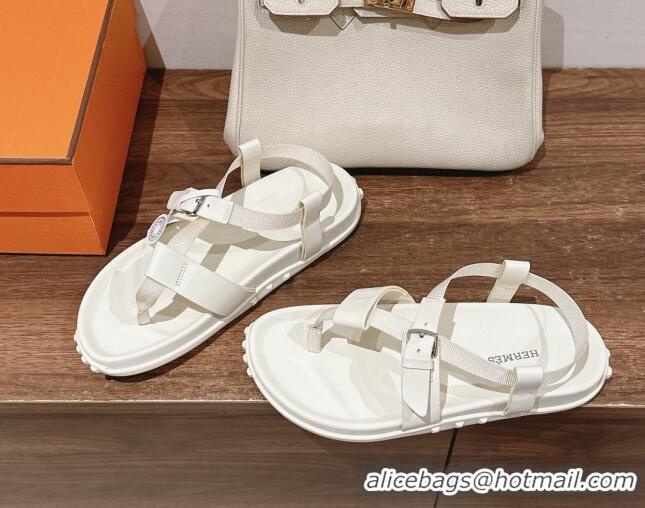 Shop Duplicate Hermes Inboard Flat Sandals with Buckle in Nappa Leather White 703008