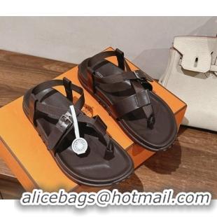 Low Price Hermes Inboard Flat Sandals with Buckle in Nappa Leather Brown 703009