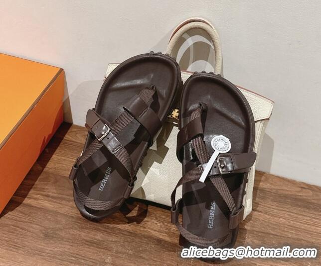 Low Price Hermes Inboard Flat Sandals with Buckle in Nappa Leather Brown 703009