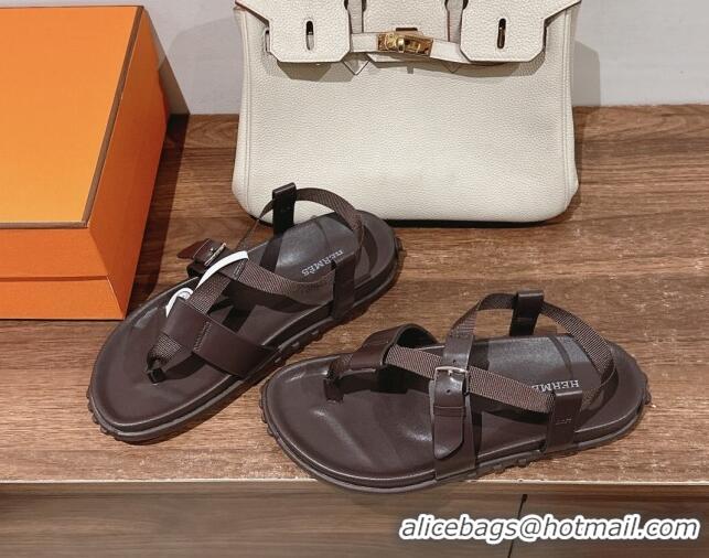 Low Price Hermes Inboard Flat Sandals with Buckle in Nappa Leather Brown 703009