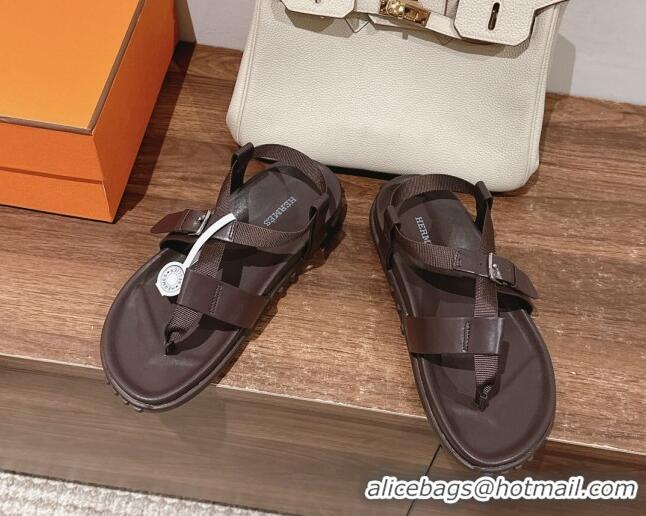 Low Price Hermes Inboard Flat Sandals with Buckle in Nappa Leather Brown 703009