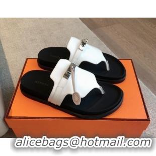 Duplicate Hermes Empire Thong Slide Sandal in Calfskin with Kelly Buckle White 703010