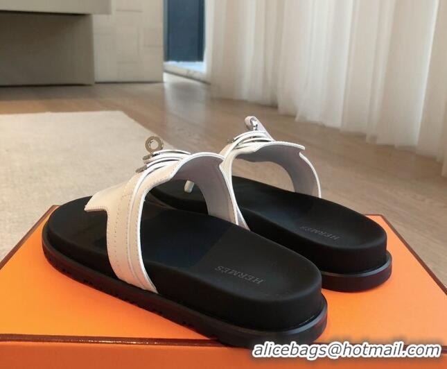 Duplicate Hermes Empire Thong Slide Sandal in Calfskin with Kelly Buckle White 703010