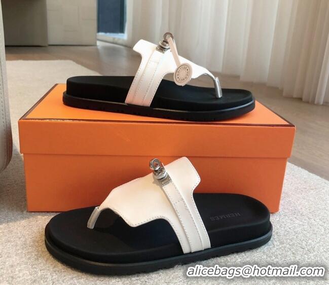 Duplicate Hermes Empire Thong Slide Sandal in Calfskin with Kelly Buckle White 703010