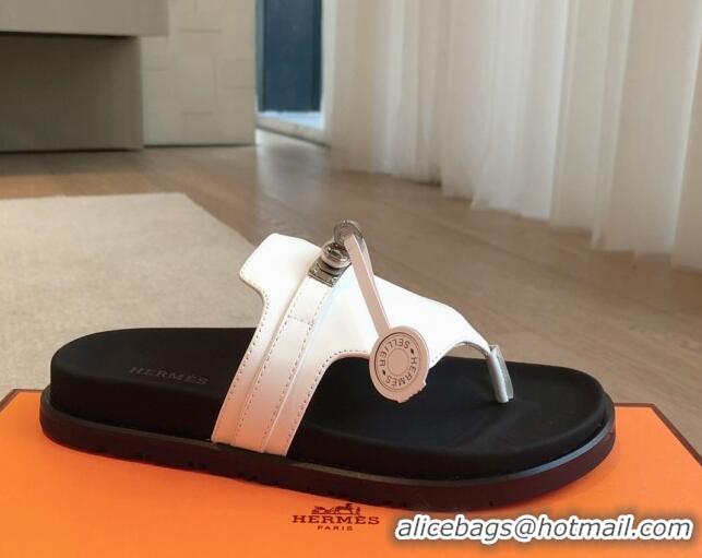 Duplicate Hermes Empire Thong Slide Sandal in Calfskin with Kelly Buckle White 703010