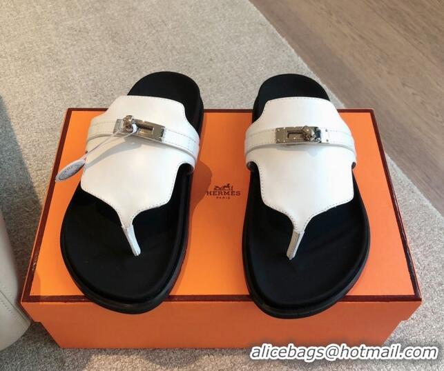 Duplicate Hermes Empire Thong Slide Sandal in Calfskin with Kelly Buckle White 703010