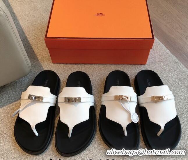 Duplicate Hermes Empire Thong Slide Sandal in Calfskin with Kelly Buckle White 703010