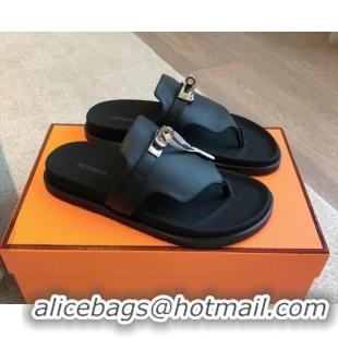 Stylish Hermes Empire Thong Slide Sandal in Calfskin with Kelly Buckle Black 703011