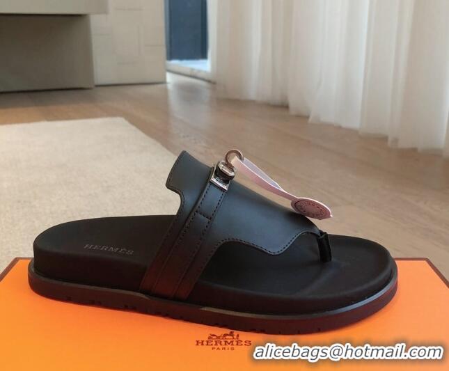 Stylish Hermes Empire Thong Slide Sandal in Calfskin with Kelly Buckle Black 703011