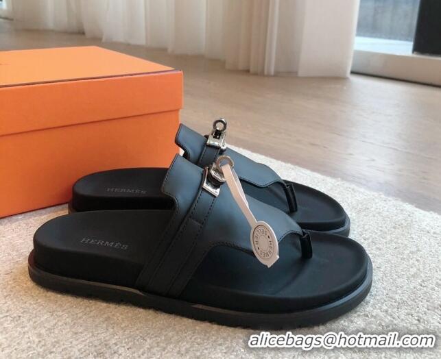 Stylish Hermes Empire Thong Slide Sandal in Calfskin with Kelly Buckle Black 703011