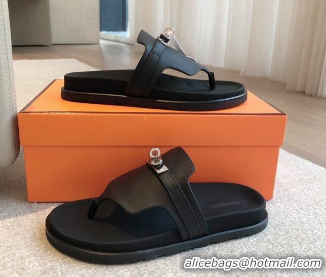 Stylish Hermes Empire Thong Slide Sandal in Calfskin with Kelly Buckle Black 703011