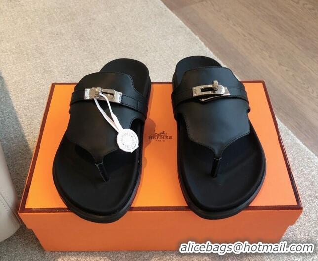 Stylish Hermes Empire Thong Slide Sandal in Calfskin with Kelly Buckle Black 703011