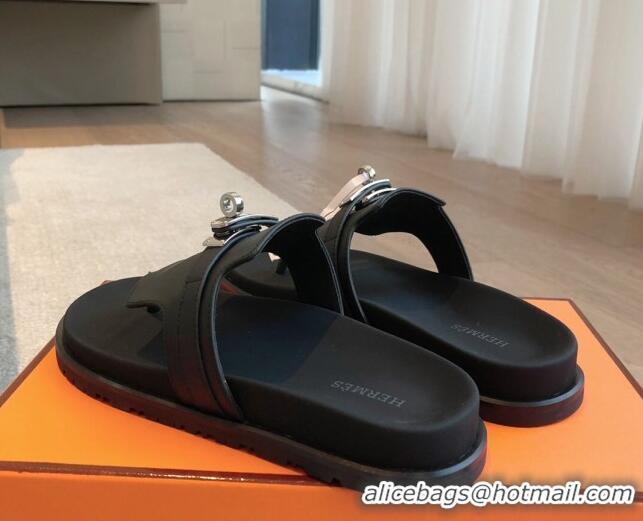 Stylish Hermes Empire Thong Slide Sandal in Calfskin with Kelly Buckle Black 703011