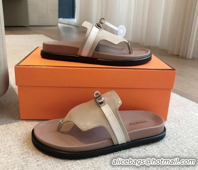 Hot Style Hermes Empire Thong Slide Sandal in Calfskin with Kelly Buckle Grey 703012